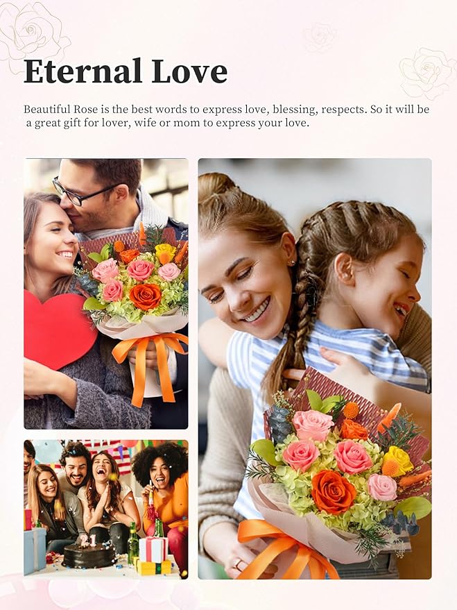 Flomoon Forever Flowers Gifts for Mom, Mothers Day Preserved Flowers Bouquet Birthday Gifts for Her, Preserved Roses for Grandma Wife Anniversary Valentines Day Christmas (7Roses, Orange)