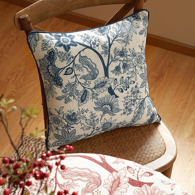 ISAENNE Designer Linen Square Throw Pillow Cover,Set of 2,18"x18"-Ruyi B | Vintage French Elegant Pillow Cover,Concealed Zipper Design,Blue Floral Pattern,Sofa,Bedroom,Living Room,Lounge Chairs