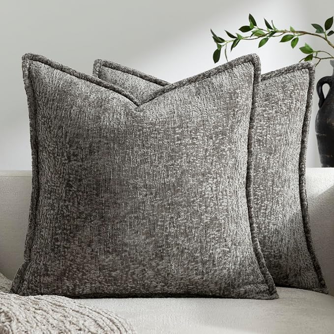 DEZENE Pack of 2 Grey Decorative Throw Pillow Covers 22x22 Cozy Soft Chenille Accent Vintage Square Couch Pillow Covers for Home Decor Bed Sofa Living Room