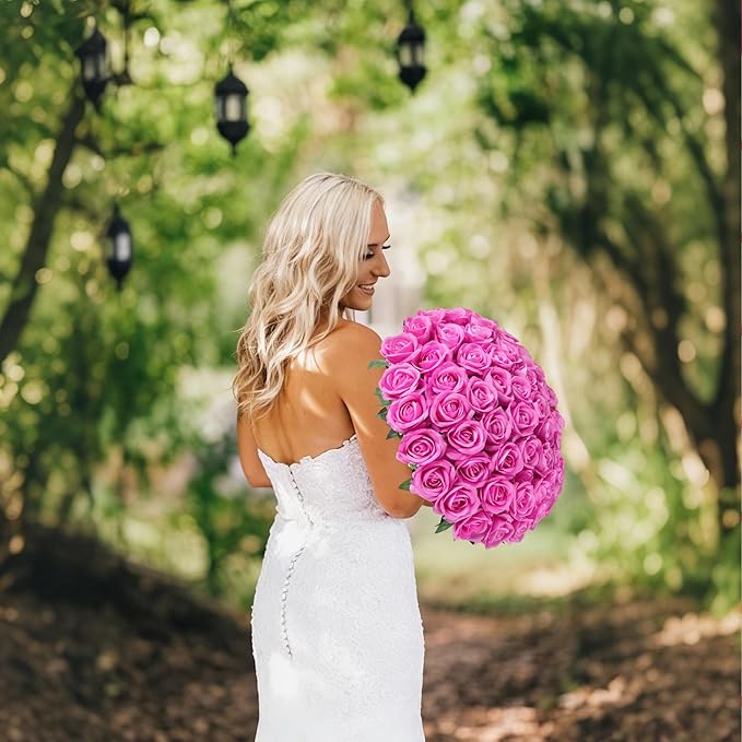 HyeFlora 50 PCS Roses Artificial Flowers, Fake Roses with Stem Realistic Hot Pink Silk Rose for DIY Wedding Bouquets Table Centerpieces Arrangements Baby Shower Birthday Home Decor for Her