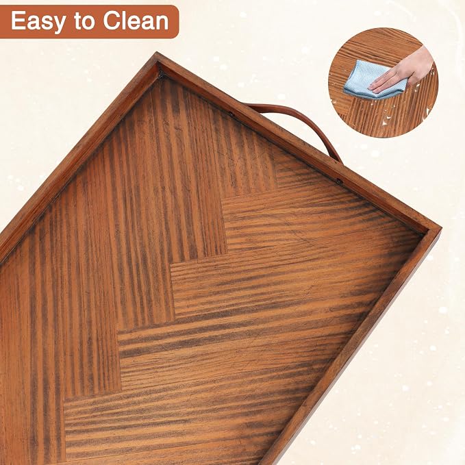 SXNOWS Wooden Serving Tray with Leather Handles, 24x16 in | Large Rectangle Wood Tray,Perfect for Ottoman Coffee Table Living Room and Kitchen, Rustic Gift for Home Decor