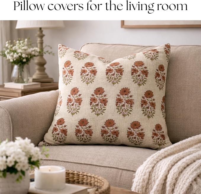 Linen Throw Pillow Covers 20x20 inch sage Terracotta Beige Decorative Pillow Covers for Living Room, Bedroom Farmhouse Decor