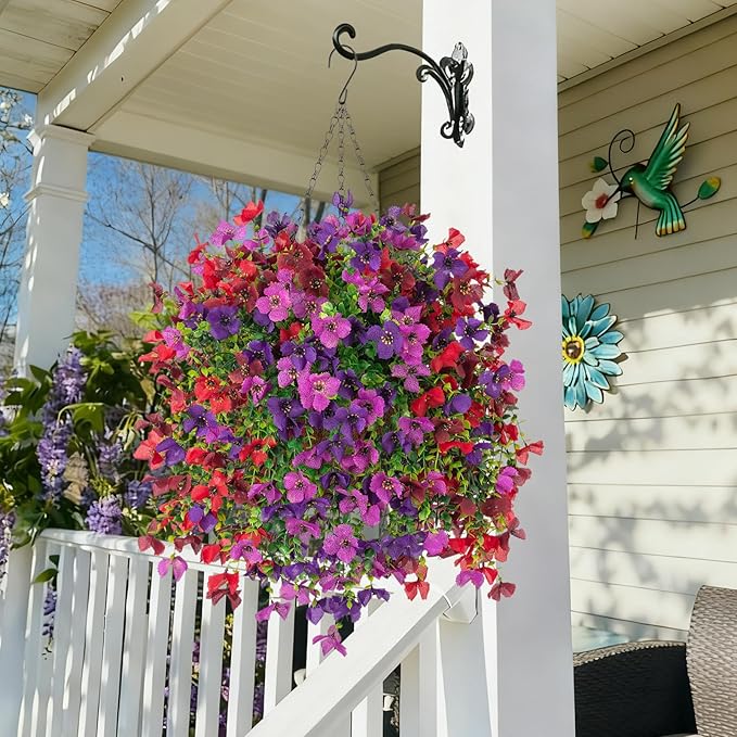 Artificial Hanging Flowers Plants with Basket for Outdoors, Realistic Faux Silk Daisy Flower Eucalyptus for Spring Decor, UV Resistant Fake Plants for Porch Patio Yard Balcony, Purple Red Brown