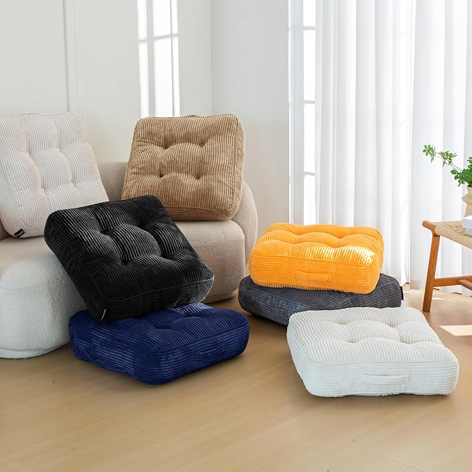 HIGOGOGO 6" Extra Thick Floor Pillow Cushion for Adults, Meditation Cushion Pillow, Large Square Floor Sitting, Tufted Corduroy Cover, for Tatami Living Room or Yoga, 22x22 Inch, 2Pack, Coffee