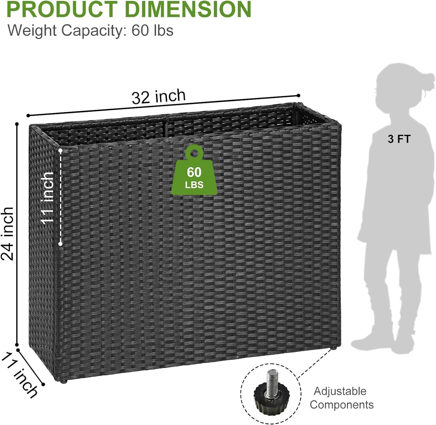 LEWIS&WAYNE Large Rectangular Block Planter Box Handmade Wicker Tall Planters for Outdoor Plants with Removable Liners Modern Planter for Indoor Outdoor Patio Deck - Black, 32''x11''x24''