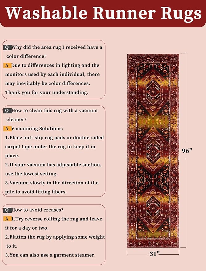 SERISSA Runner Rug for Hallways, 2'6"x8' Washable Non Slip Kitchen Runner Rug, Long Boho Rug Vintage Rustic Red Gold Hallway Stair Ultra Soft Print Floor Carpet for Bedroom Bathroom Laundry Room