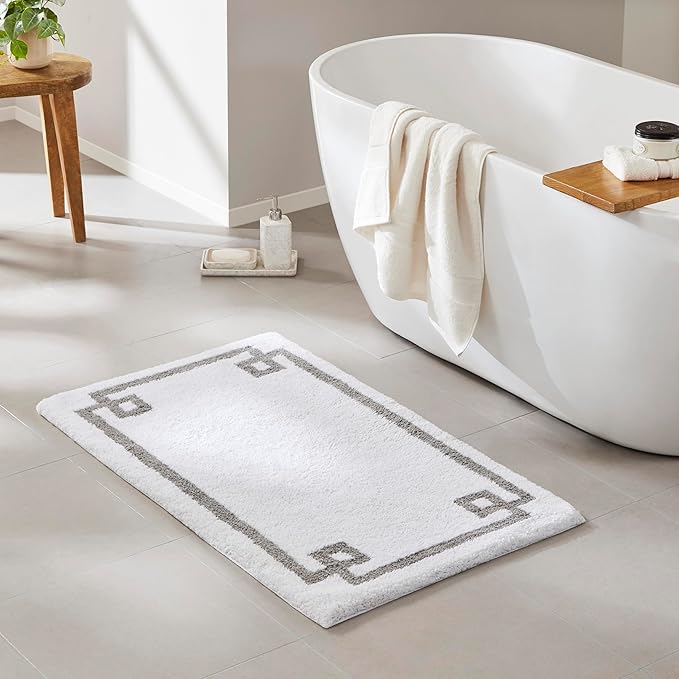 Madison Park Evan 100% Cotton Bathroom Rug Non Slip Backing-Luxrurious Tufted Plush Bath Mat Absorbent, Quick Dry, Spa Design Shower Room Décor, 24x40, White