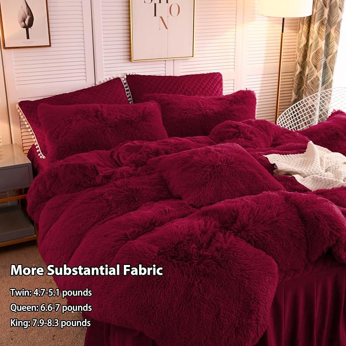 LIFEREVO Luxury Plush Shaggy Duvet Cover Set, Soft Fluffy Furry Duvet Cover Set(1 Fuzzy Faux Fur Comforter Cover+1 Pompoms Pillow Case) Christmas Bedding Set, Zipper Closure(Twin/Twin XL, Burgundy)