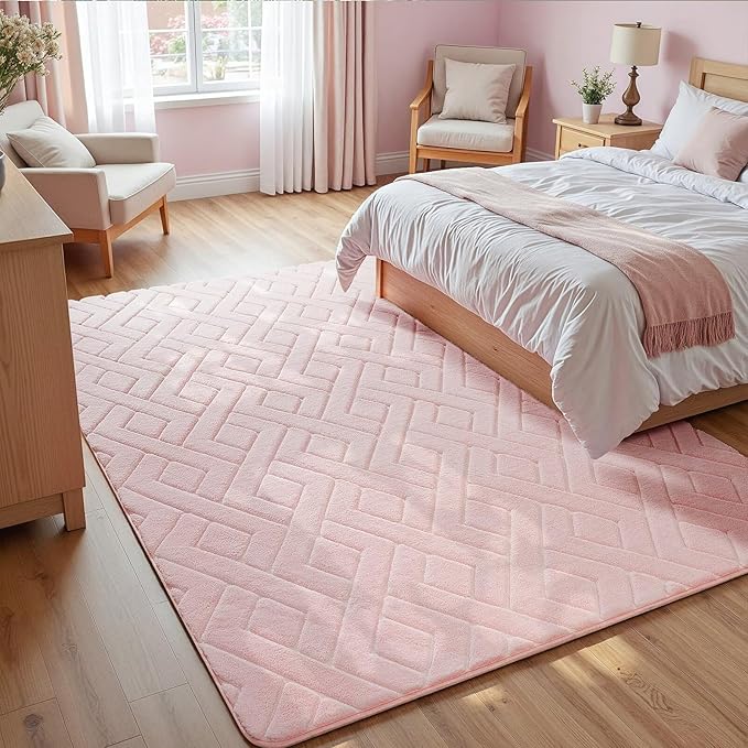 Macgace Ultra Soft Pink Area Rug for Living Room, 6x9 Modern Geometric Shag Rugs with Nonslip Backing for Bedroom, Washable Fuzzy Carpet for Cozy Kids Girls Room Nursery