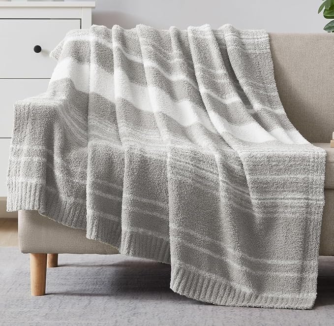 WRENSONGE Soft Throw Blanket for Couch-Cozy Reversible Knitted Blankets | Lightweight Warm Fluffy Decor for Women, Mom, Her & Girls, Sofa, Chair, Bed, 50x70in,Grey Stripe