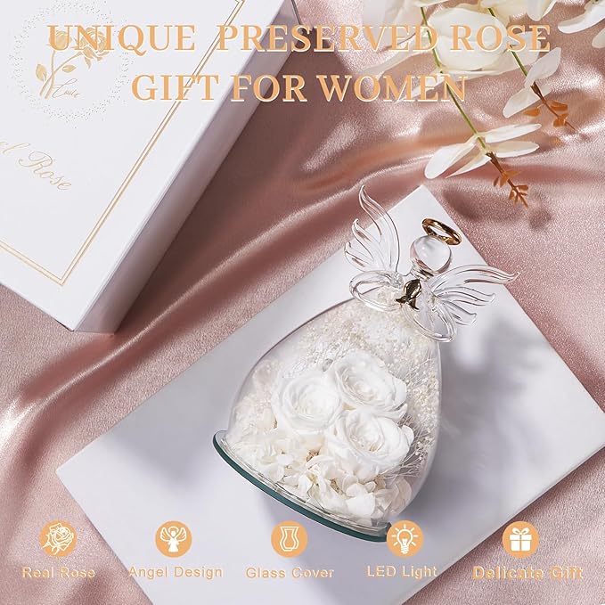 Beferr Mothers Day Mom Birthday Gifts for Women, Fresh Flowers for Delivery Forever Preserved Rose in Glass Angel Figurine, Anniversary Christian Real Rose for Grandma Nana Wife Mum from Daughter Son
