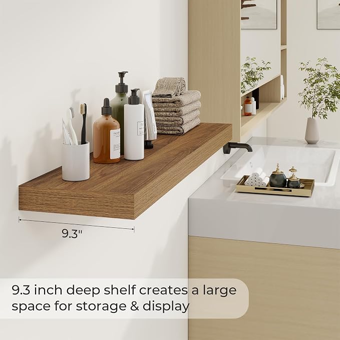 Dreamland 40Inch Walnut Floating Shelves 9.3" Deep Wall Mounted Set of 2 | Wall shelves for bathroom, bedroom, Living Room, kitchen, deep wall mount wood storage display for home decor 40" x 9.3"