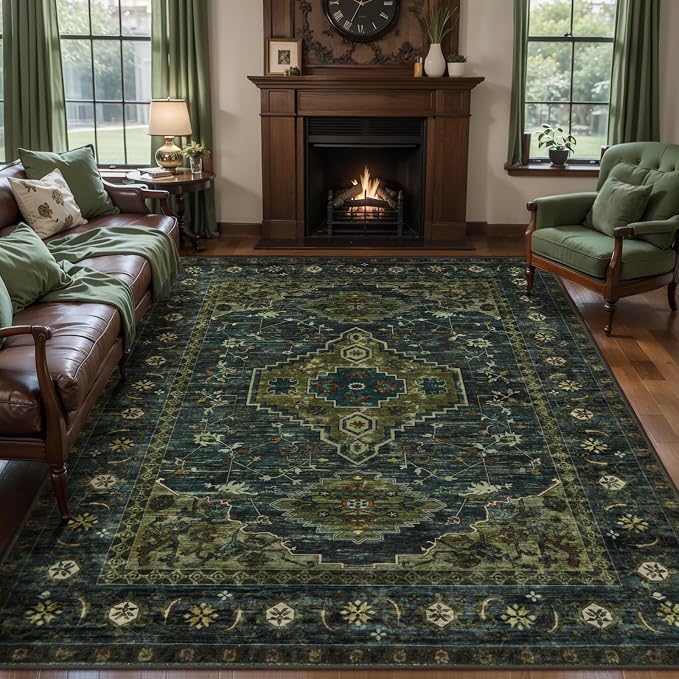 Tangsoo Green 5x7 Washable Rugs for Living Room, Vintage Non Slip Indoor Room Rug, Oriental Print Distressed Large Rugs Carpet Soft Low Pile Floor Rug for Dining Room Bedroom Dorm Olive Green