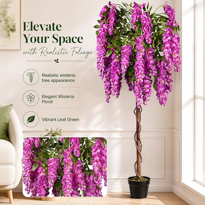 5ft Artificial Wisteria Tree, Fake Tree with Firmly Attached Blooms for Less Shedding, Faux Trees Indoor Outdoor Home Office Living Room Decor, Potted Floor Plant