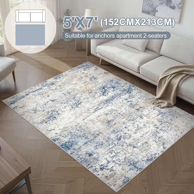 DMOYEST Area Rug Living Room Rugs - 5x7 Abstract Large Soft Indoor Washable Rug Neutral Modern Low Pile Carpet for Bedroom Dining Room Farmhouse Home Office - Blue