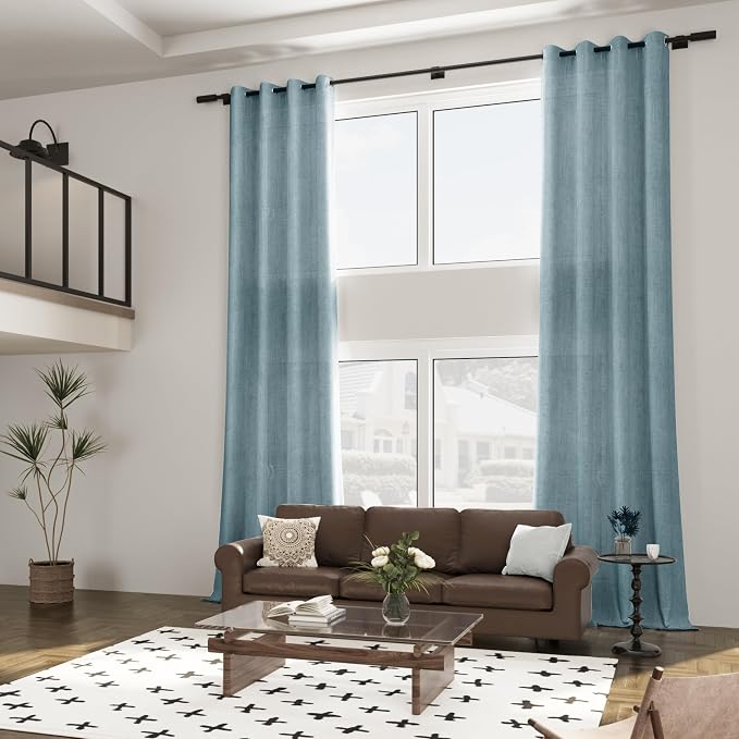 Extra Long Dusty Blue Semi Sheer Curtain 120 Inches Long 2 Panels for Living Room Light Filtering Ceiling Floor Linen Drapes Stone Blue Semi Sheer Grommet Sliding Door Curtain 120 Inch Length 10 FT