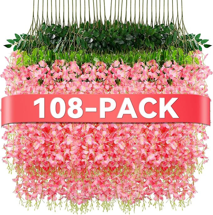 Alotiki 108 Pack Wisteria Hanging Flowers,108 Pack Fake Hanging Flowers,Wisteria Artificiales Garland for Home Wedding Arch Floral Party Garden Ceremony Outdoor Decor,3.6 Feet Long(108,Pink)