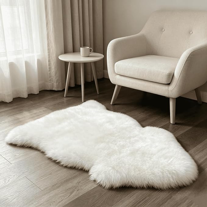AOGELAN Premium Genuine Sheepskin Rug, Genuine Sheepskin Natural Fluffy Fuzzy Lambskin Fur Area Rug for Kids Bedroom Sofa Chair Seat Cover Pets Dogs Mat Single Pelt/2'x 3' White/Ivory