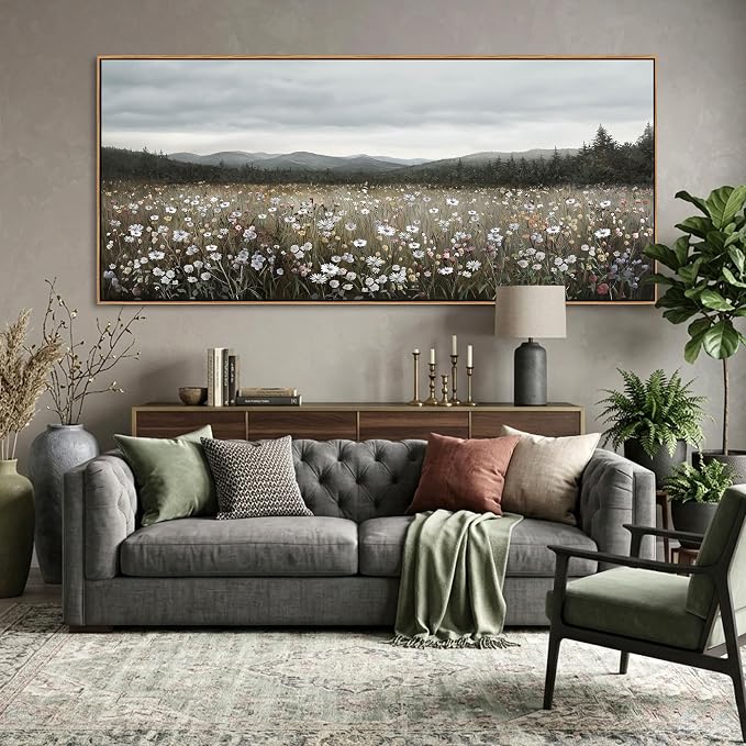 HGUAOA Vintage Landscape Wall Art for Bedroom and Living Room - Large Floral Artworks Farmhouse Wall Decor - Framed Neutral Nature Pictures - Above Bed Wall Decor with Mountain Scenery