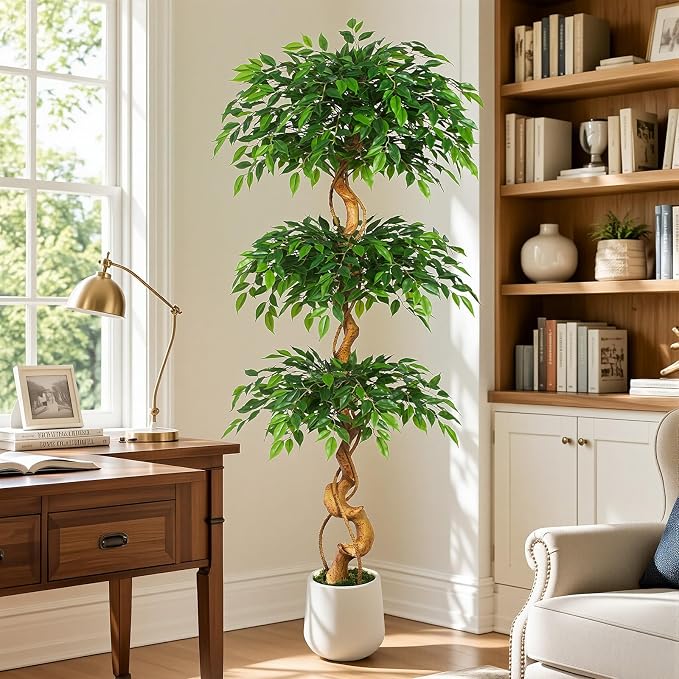 6FT Artificial Ficus Tree, 72in Fake Silk Tree with Natural Curved Trunk & 1860 Lush Leaves, Floor Faux Plant with White Pot, Low Maintenance Decor for Home, Office, Patio