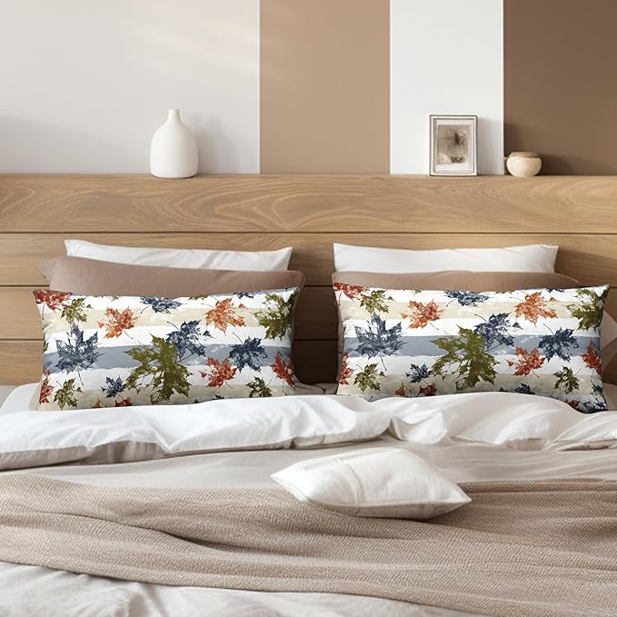 Thanksgiving Colorful Maple Leaves Lumbar Pillow Covers 12x20 Set of 2 Fall Rectangular Pillow Covers Blue Beige White Stripes Pillowcase Autumn Throw Pillow Covers for Patio Indoor Couch