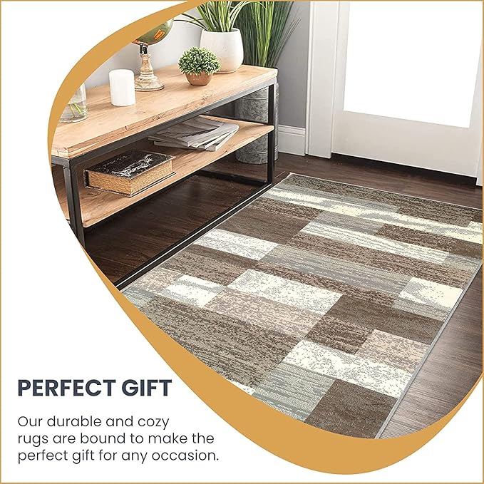 SUPERIOR Indoor Runner Rug, Jute Backed, Modern Geometric Patchwork Floor Decor for Bedroom, Office, Living Room, Entryway, Hardwood Floors, Rockwood Collection, 2' 7" x 10', Light Blue-Ivory