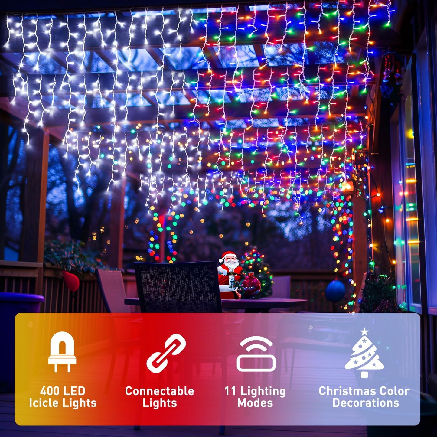 JMEXSUSS Color Changing Lights Outdoor Waterproof, 11 Modes 400 LED Christmas Icicle Lights with 40 Drops, White to Multicolor Icicle Lights for Indoor Christmas Eaves Party Decorations