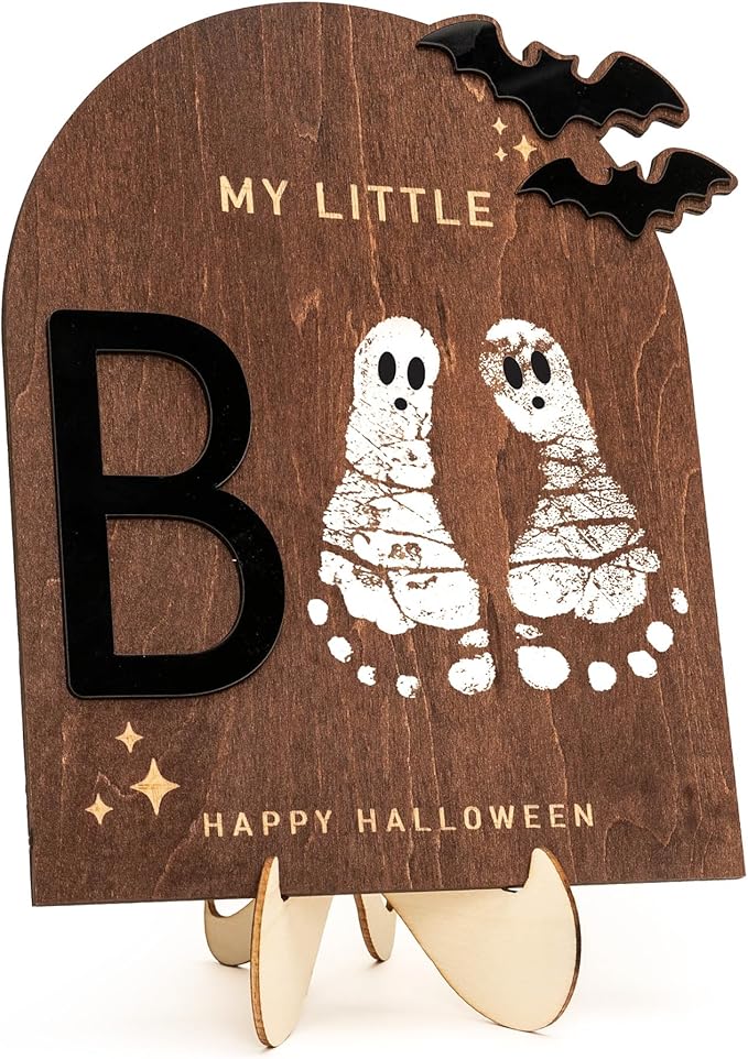 My Little Boo Wooden Halloween Sign – Baby Footprint Ghost Keepsake Plaque – Happy First Halloween Nursery Décor – Rustic Wooden Tabletop Sign for Baby. Newborn. Halloween baby
