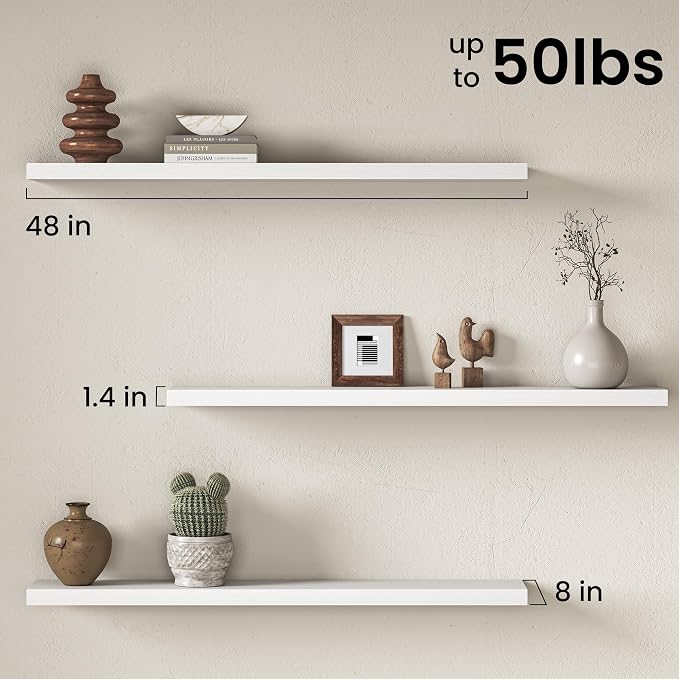 Fun Memories 48 Inch Floating Shelves for Wall 8 Inch Deep White Shelves Set of 2, Wall Mounted Rustic Wood Long Floating Shelf, Large Display & Storage Shelf with Invisible Brackets