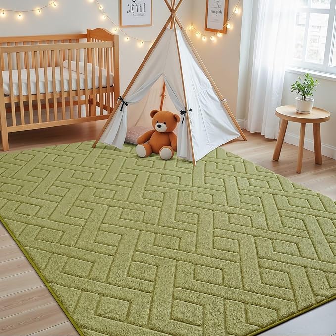 Macgace Ultra Soft Green Area Rug for Living Room, 6x9 Modern Geometric Shag Rugs with Nonslip Backing for Bedroom, Washable Fuzzy Carpet for Cozy Kids Room Nursery