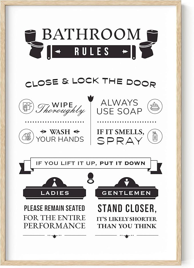 HAUS AND HUES Funny Bathroom Wall Art – Toilet Rules Poster, Humorous Restroom Sign, Playful Washroom Design (24x36, Beige Frame)