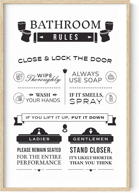 HAUS AND HUES Funny Bathroom Wall Art – Toilet Rules Poster, Humorous Restroom Sign, Playful Washroom Design (24x36, Beige Frame)