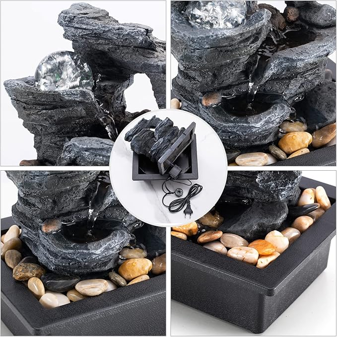 Amootek Tabletop Fountain Rotating Ball Rock Waterfall Fountain Office Includes Many Natural River Rocks Decorated with Colorful Lights, 9.05" L x 6.89" W x 10.23" H