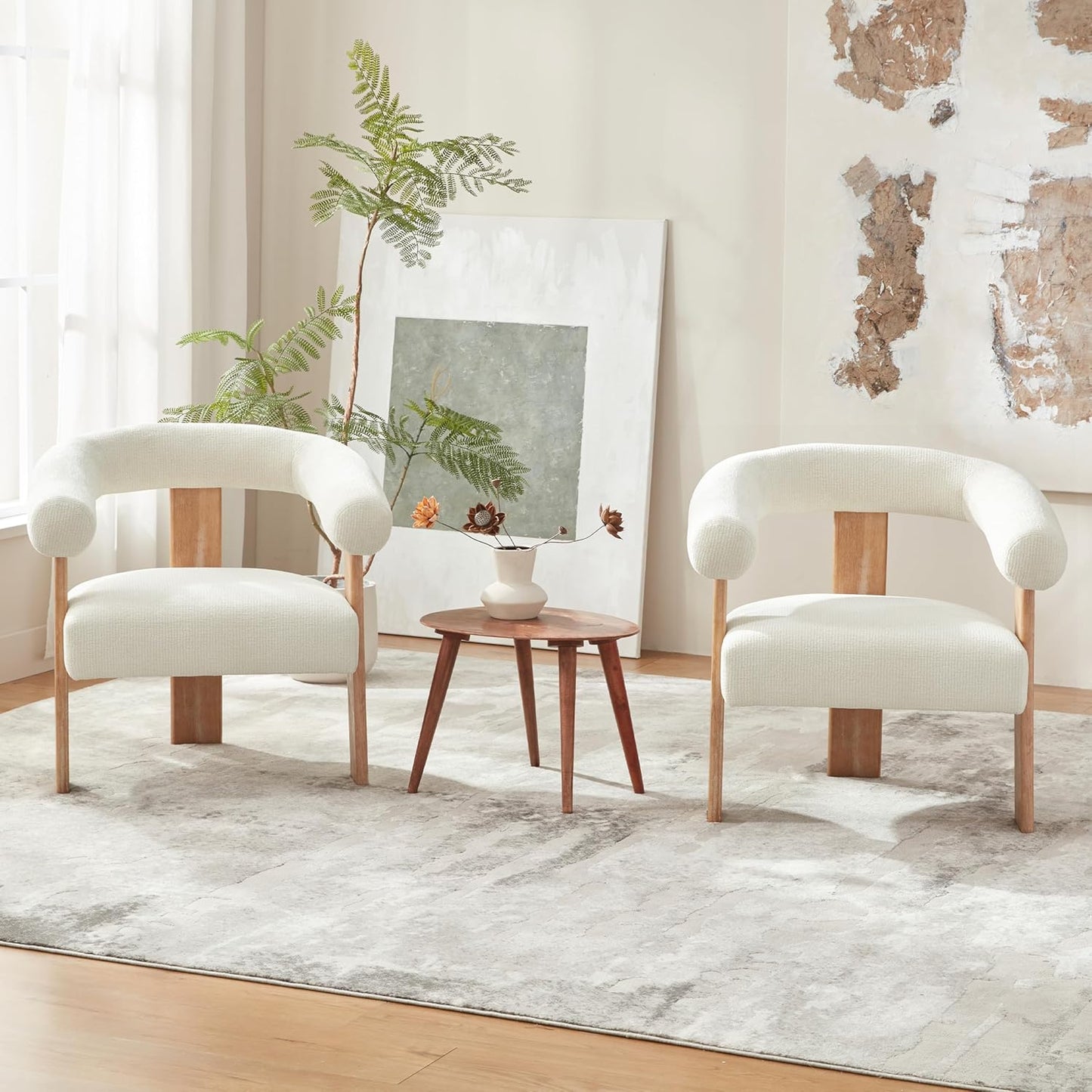 VKNOW Accent Chairs Set of 2, Modern Upholstered Living Room Chair Armchair with Solid Wood Legs, Comfy Barrel Arm Chairs for Living Room Bedroom, Cream