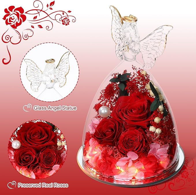 Mothers Day Rose Gifts for Women Preserved Real Flower in Glass Angel Figurines Roses for Delivery Prime Birthday Gifts for Mom Grandma Girlfriend Wife Her, Red Austin Roses