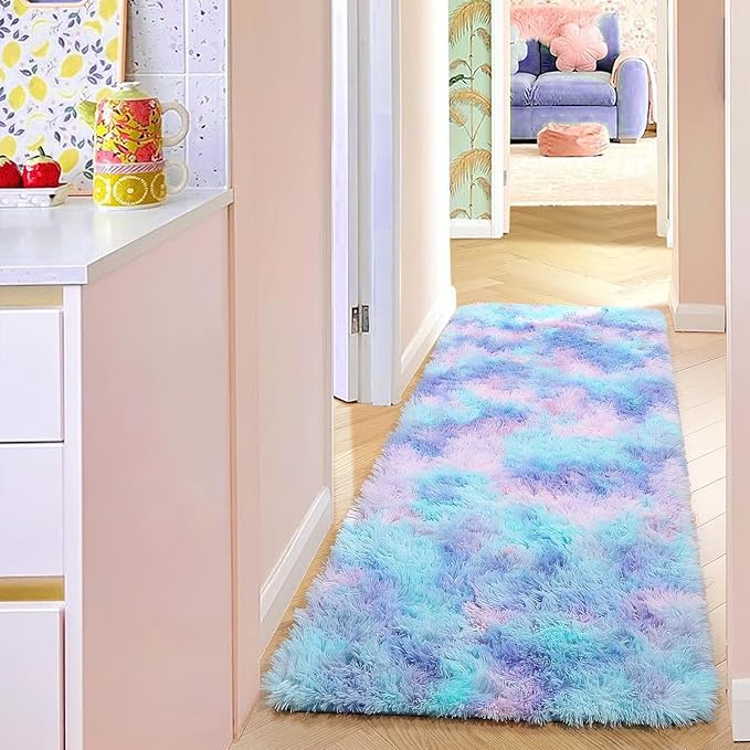 PAGISOFE Adorable Furry Rainbow Rugs for Bedroom Girls, 2x4 Soft Purple Shag Tent Rugs for Livingroom, Bedside, Kids Room, Nursery, Home Decor, Fluffy Fuzzy Carpet Plush Mermaid Kawaii Throw Pink Rug