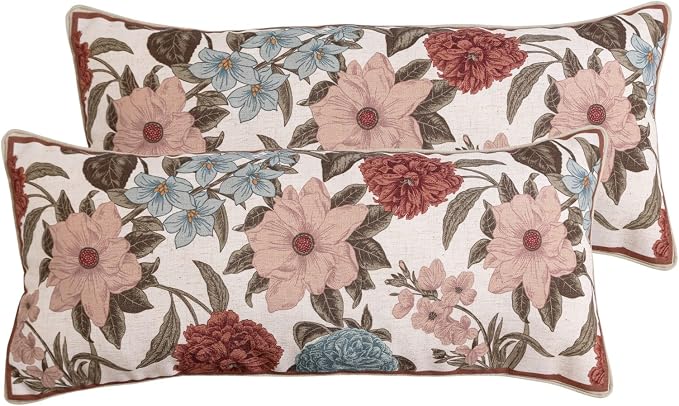 bilin gaier French Linen Throw Pillow Covers,28"x12" Set of 2-Burgundyred | Designer Vintage Elegant Rectangle Pillow Cover,Concealed Zipper,Floral Pattern,Sofas,Bedroom,Living Room,Lounge Chairs