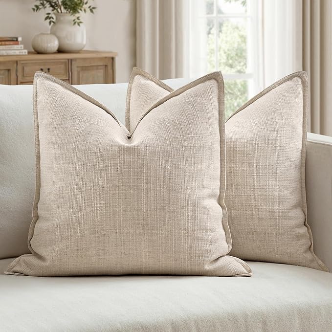MIULEE Pack of 2 Thick Textured Couch Throw Pillow Covers, Natural Linen Decorative Pillow Covers 16x16, Neutral Cushion Cases for Sofa Bed Living Room Modern Farmhouse Home Decor, No Filling