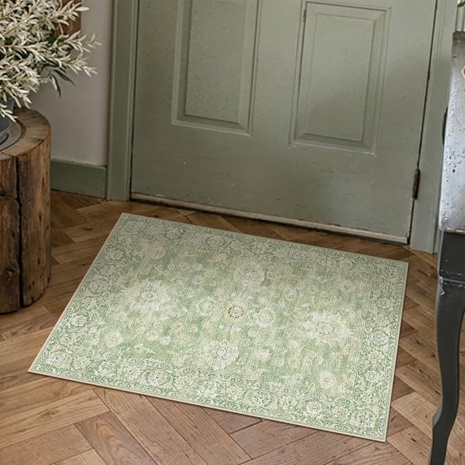 2x3 Green Washable Area Rug for Entryway Neutral Floral Soft Non Slip Small Carpet Low Pile Distressed Door Mat for Entrance Bathroom Bedroom Indoor