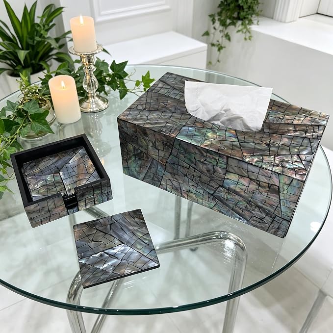 i-lan Mother of Pearl Coasters Set of 6 with Holder - 4.7" Square Drink Coasters for Kitchen, Dining Room, Coffee Table - Black Mosaik Pattern, Shell Inlay Cup Mats