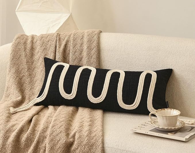 Black Decorative Lumbar Pillow Cover 12x28, Handwoven Boho Long Body Pillowcase, Farmhouse Linen Cotton Pillow Cushion Case for Sofa, Bed, Living Room, Bedroom