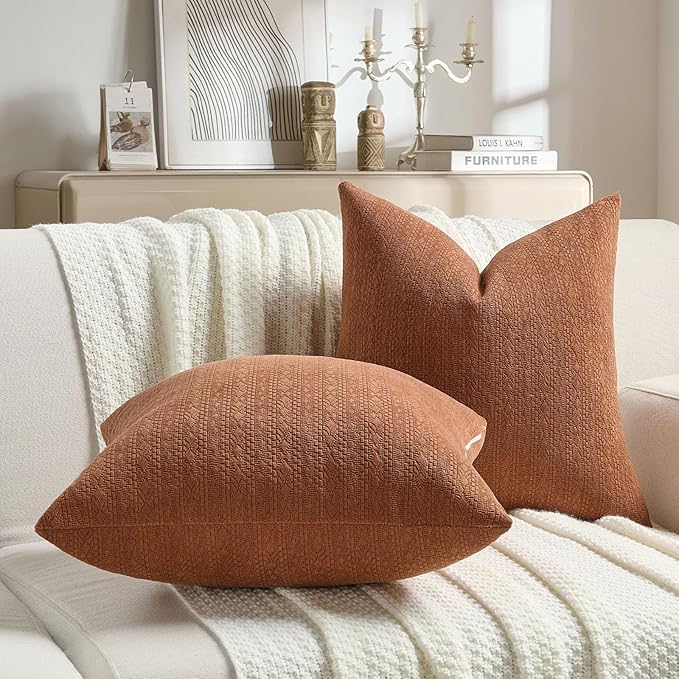 FUTEI Rust Chenille Throw Pillow Covers 22x22 Inch Set of 2,Soft Striped & Diamond Textured Cushion Cases,Modern Home Decor for Couch Living Room