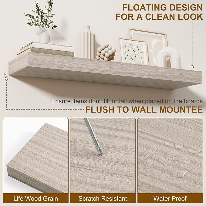 Fun Memories Floating Shelves for Wall, 32Inch Floating Shelves Set of 2, Hanging Shelf with Invisible Brackets, Wood Shelves for Living Room, Bedroom, Kitchen, Grey