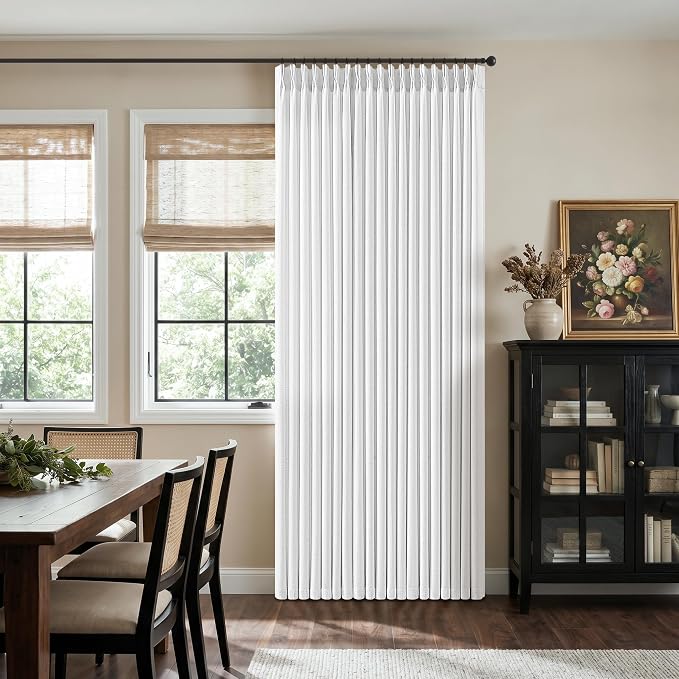 Pinch Pleated Snow White Curtains 105 Inches Long for High Ceiling Room Light Filter Memory Training Pinch Pleat Curtains for Living Room Bedroom 105 Inch Extra Long Flax Linen Drapes 2 Panels Set