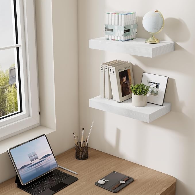 Dreamland 16" White Floating Shelves 6.7" Deep Wall Mounted Set of 2 | Wall shelves for bathroom, bedroom, Living Room, kitchen, deep wall mount wood storage display for home decor 16" x 6.7"