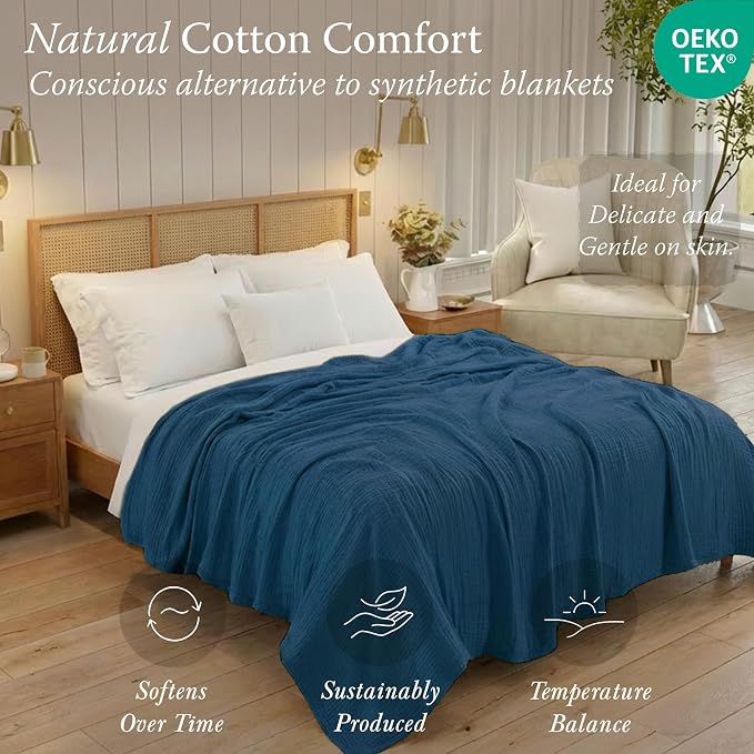 Threadmill Muslin King Blanket | 4 Layer 100% Cotton Gauze Summer Blanket |Pre Washed, Soft, Breathable, and Cozy for All Seasons | Lighweight King Size Throw Blanket for Bed | Folkstone Blue