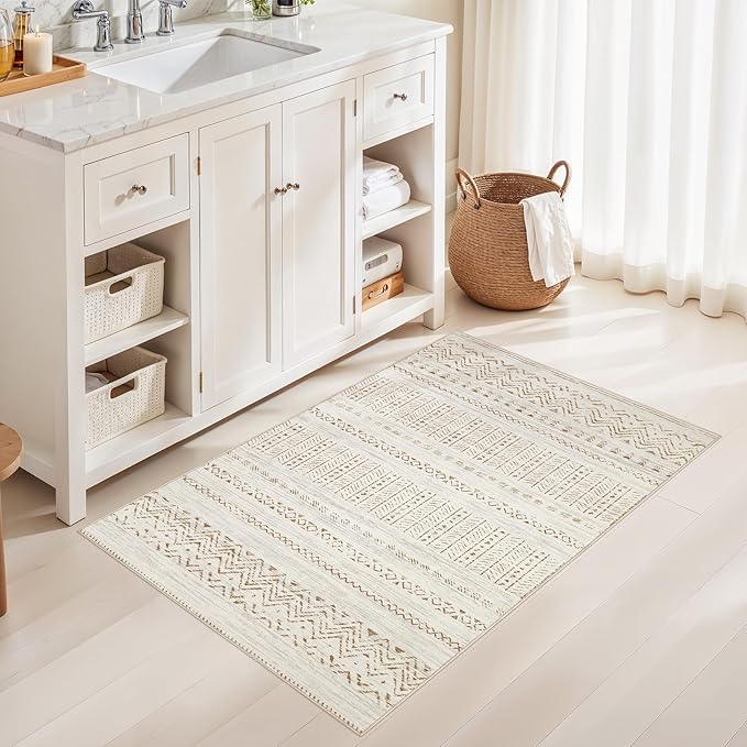 cotiled 3x5 Area Rug Living Room: Washable Boho Rugs with Non Slip Backing Small Soft Indoor Stain Resistant Carpet for Bedroom Farmhouse Dining Room Lightweight Home Decor Brown/Cream