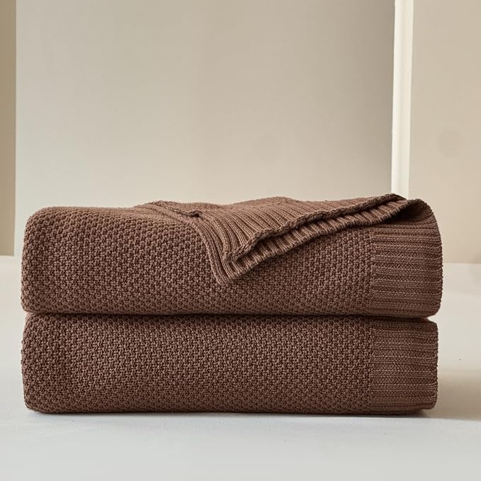 Simple&Opulence 100% Cotton Blanket King Size, Solid Color Cable Knitted Blanket Super Soft Comfortable Breathable Decorative Farmhouse for Couch Sofa Bed, All Season Use(Coffee,104x90)