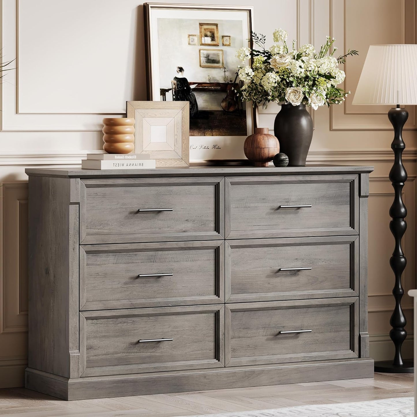 GAOMON Grey 6 Drawer Dresser for Bedroom, Farmhouse 47.2" Wide Chest of Drawers with Metal Handles, Rustic Double Wood Dresser, Storage Dressers Organizer for Living Room, Nursery