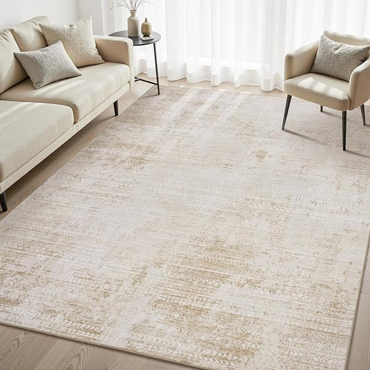 8x10 Area Rugs for Living Room Non Slip Machine Washable Rug Distressed Abstract Soft Indoor Carpet Neutral Boho Rug for Bedroom Dining Room Playroom Office, Beige